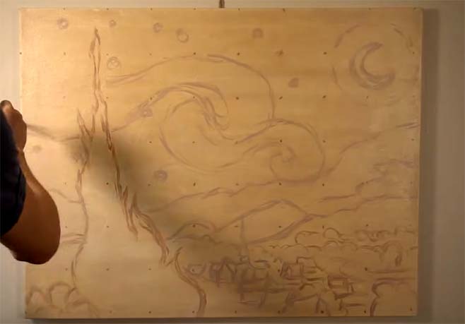 Proceso inicial de dibujo para una réplica del cuadro famoso de Luis Touriño