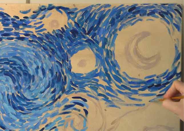 Dibujo definitivo y encaje de los remolinos de La Noche Estrellada pintada a mano.