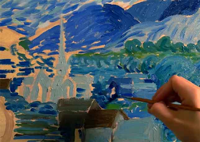 Fase de manchado inicial al óleo con los colores base del cielo de Van Gogh.