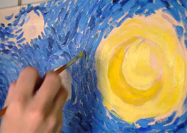 Detalle de la pincelada gruesa y empastada simulando el estilo de Van Gogh.
